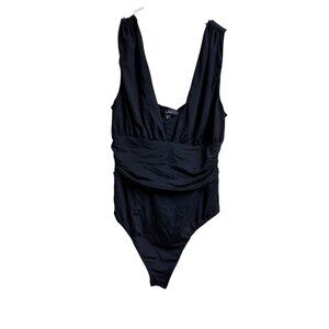 Lulus Black Plunge One Piece Swimsuit NWT Ruched Wrap Front Size M